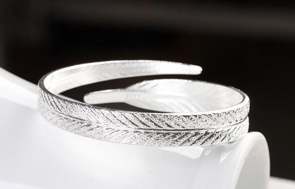 92.5 Sterling Silver Feather Cuff Bangles & Bracelet for Women