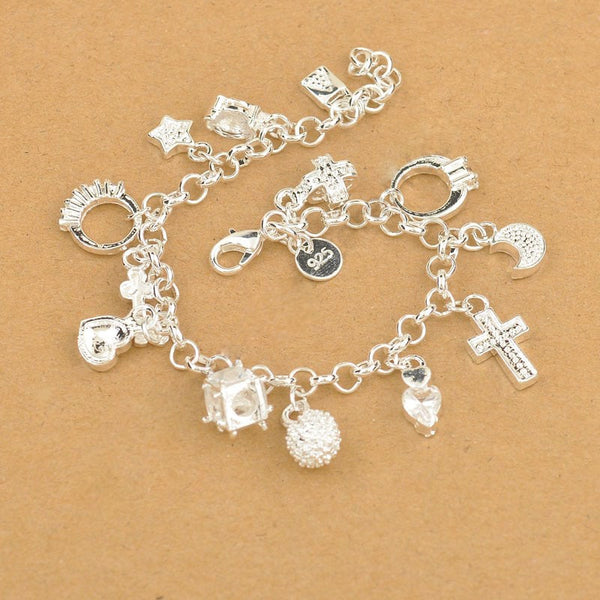 92.5 Sterling Silver Charm Pendants Woman Bracelet Cross Moon Heart Clock  Pendant Jewelry