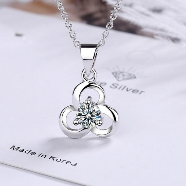 92.5 Sterling Silver Crystal Zircon Flower Pendant Necklace Length 40+3.5CM