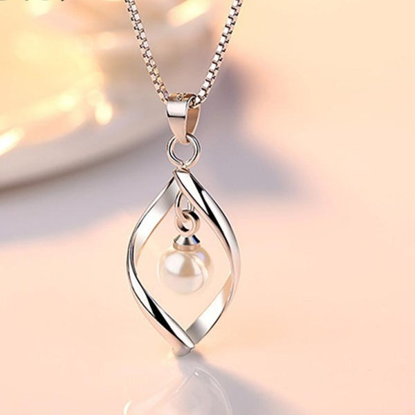92.5 Sterling Silver Jewelry Simple Twisted Pearl Hollow Pendant Necklace length 45CM
