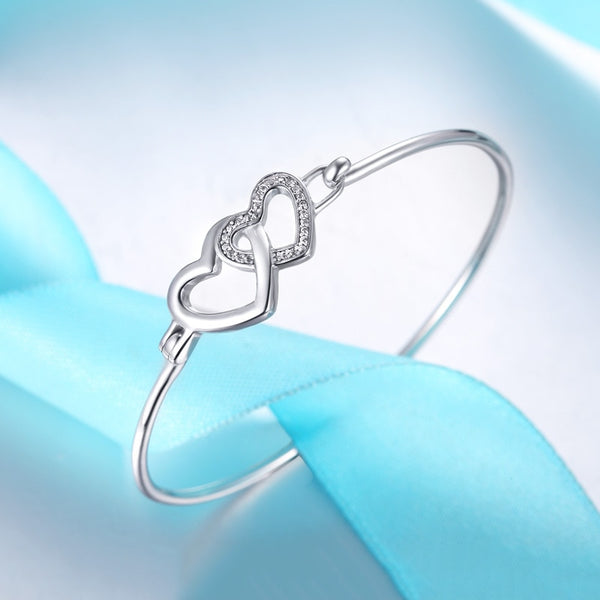 925 Sterling Silver Adjustable Size Crystal Heart Shape Charm Bracelet & Bangle