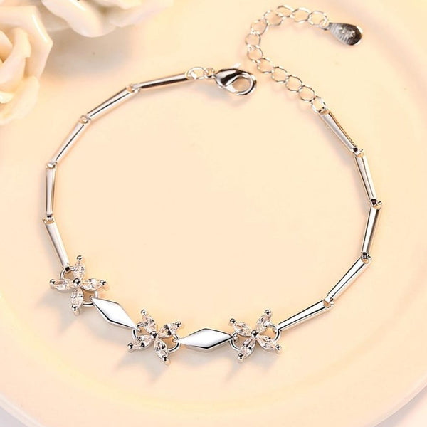 92.5 Sterling Silver Jewelry Cubic Zirconia Four-leaf Clover Flower Bracelet Length 15.5+4