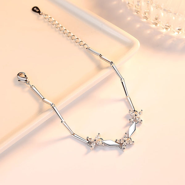 92.5 Sterling Silver Jewelry Cubic Zirconia Four-leaf Clover Flower Bracelet Length 15.5+4
