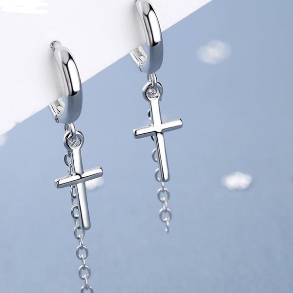 925 Sterling silver Cross chain medium and long tassel Earrings
