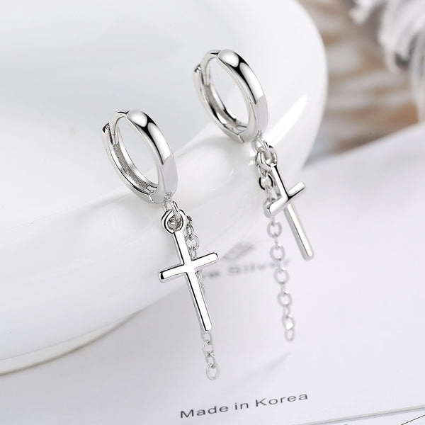 925 Sterling silver Cross chain medium and long tassel Earrings